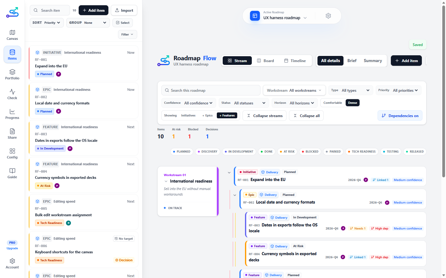 The Items tab: a search box with a filter button, and below it a list of roadmap item rows, each with a coloured left-edge priority stripe, a type, a title and a status.