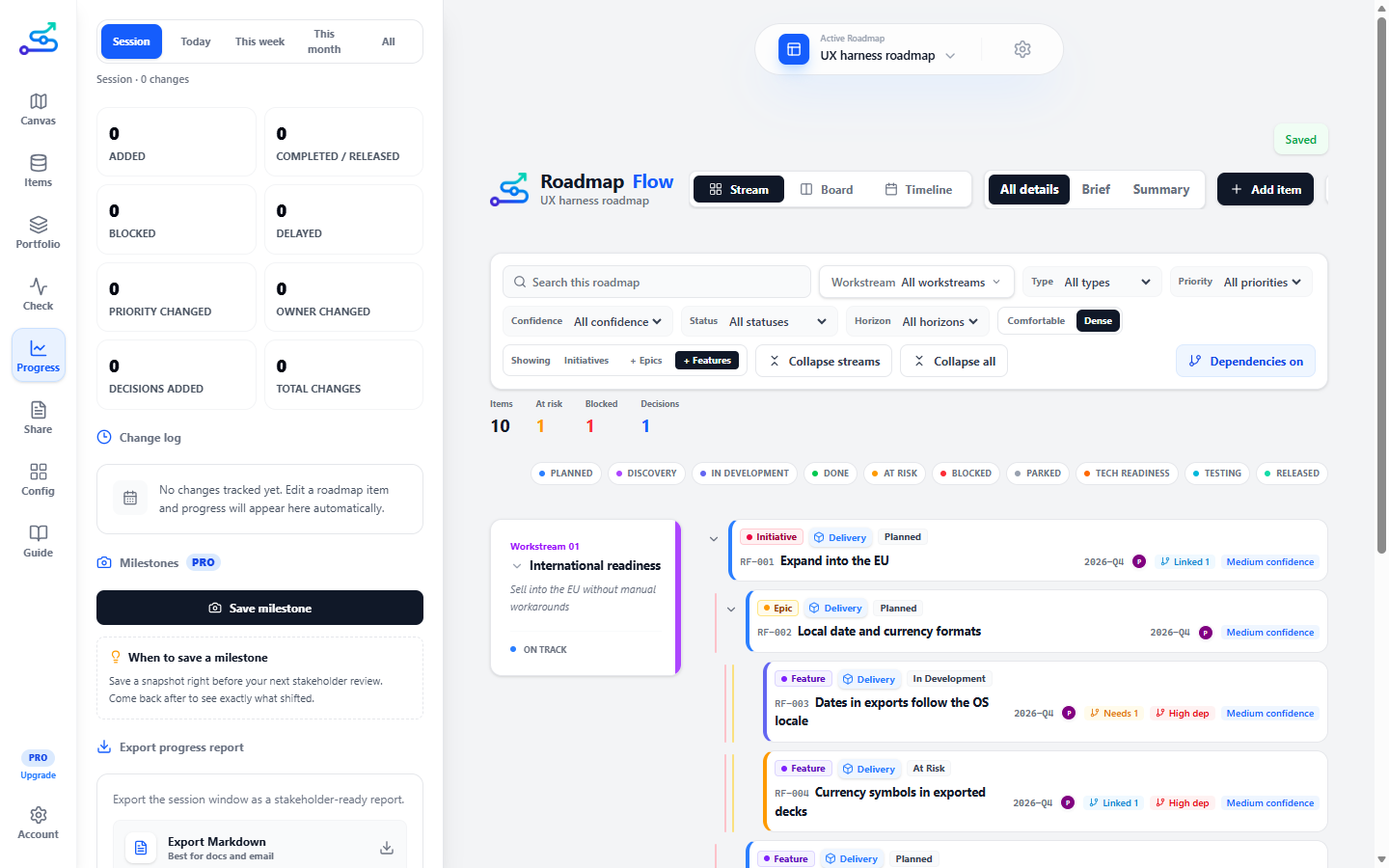 The Progress tab: a time-window selector, summary tiles counting what changed, and a change log grouped by day.